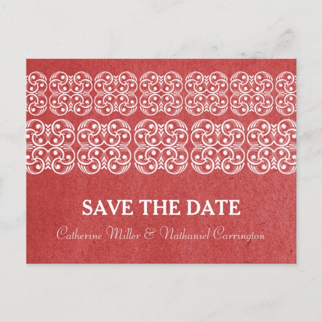 Red Modern Bohemian Save the Date Postcard (Front)