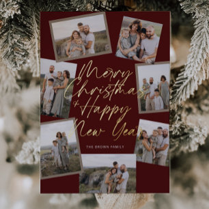 Red Modern Boho 8 Photo Collage Christmas  Foil Holiday Card