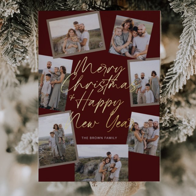 Red Modern Boho 8 Photo Collage Christmas  Foil Holiday Card (Creator Uploaded)