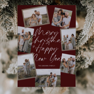 Red Modern Boho 8 Photo Collage Christmas  Holiday Card