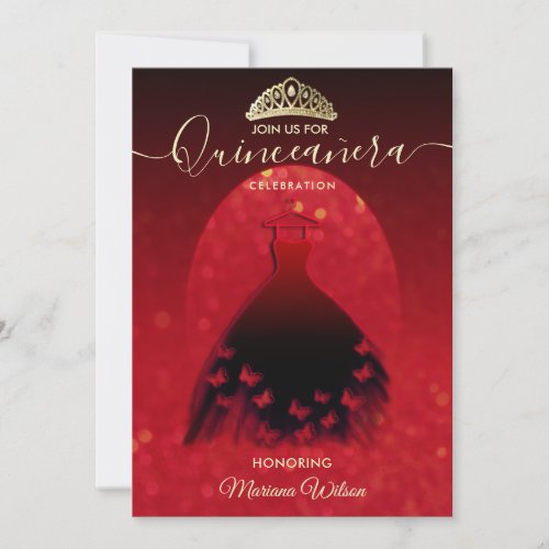 Red Modern bokeh  butterfly dress tiara Quince Invitation