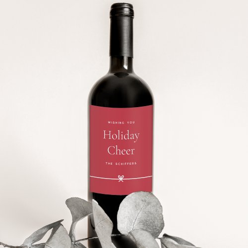 Red  Modern Bow Simple Minimal Holiday Cheer Wine Label