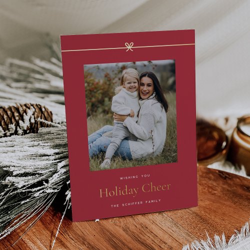 Red  Modern Bow Simple Minimal Photo Christmas Foil Holiday Card