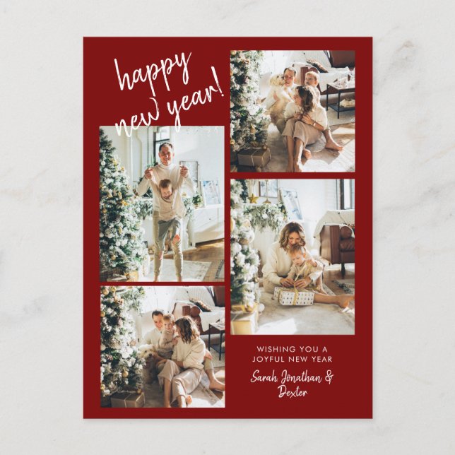Red Modern Brush Script 4 Photo Happy New Year Postcard (Front)