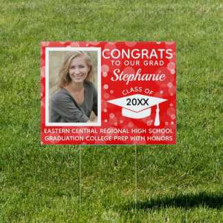 Red Modern Bubbles Congrats Photo Graduation Yard  Sign