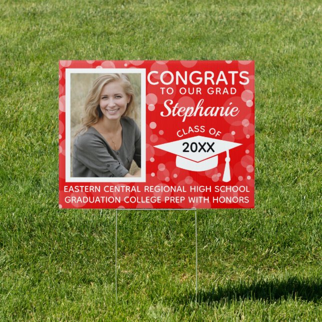 Red Modern Bubbles Congrats Photo Graduation Yard  Sign (Insitu)