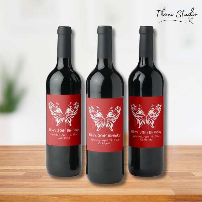 Red Modern Butterfly Birthday Customisable Text Wine Label (Creator Uploaded)
