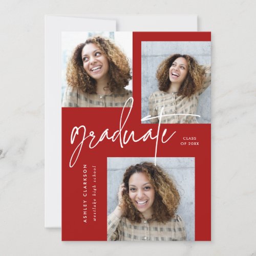 Red Modern Calligraphy Five Photo Graduation Party Invitation