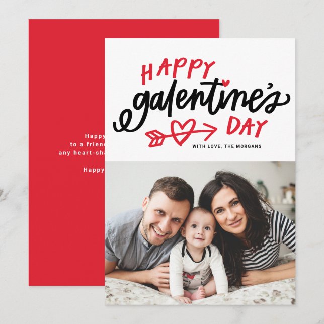 Red Modern Calligraphy Happy Galentine's Day Photo Holiday Card (Front/Back)