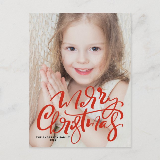 Red Modern Calligraphy Merry Christmas Photo  Holiday Postcard (Front)