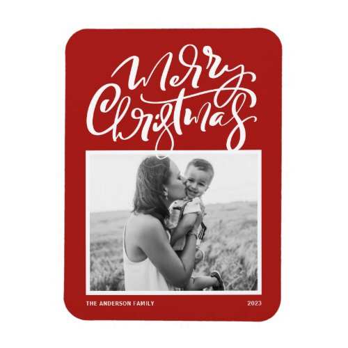 Red Modern Calligraphy Photo Christmas Magnet