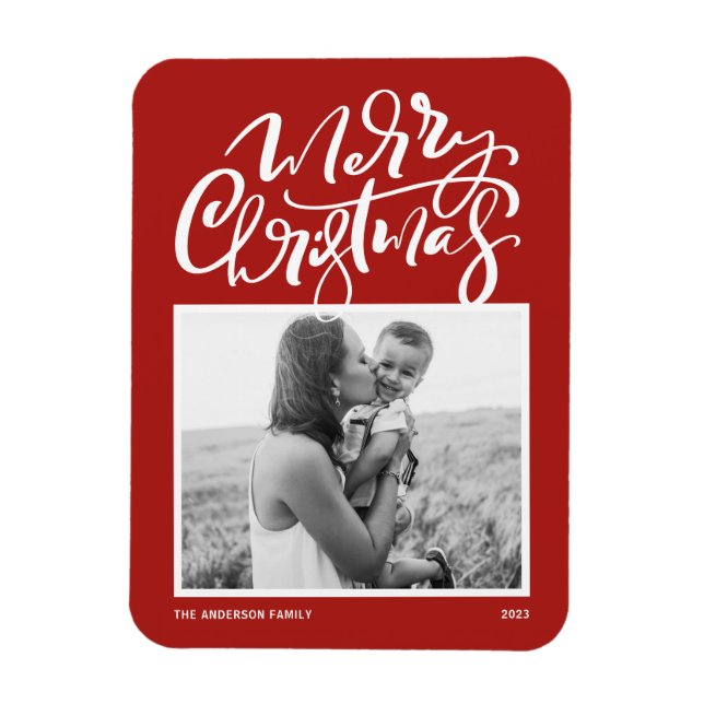 Red Modern Calligraphy Photo Christmas Magnet (Vertical)