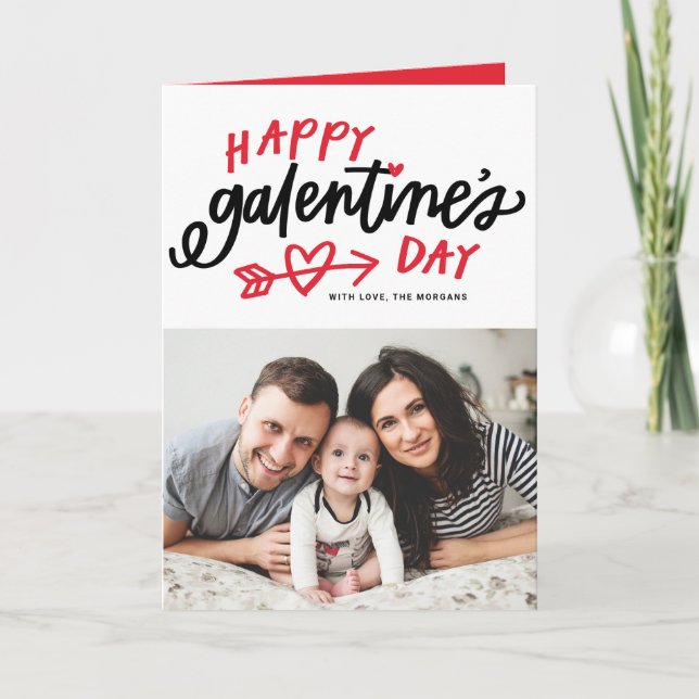 Red Modern Calligraphy Photo Happy Galentine's Day Holiday Card (Front)