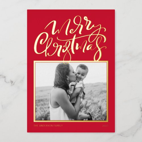 Red Modern Calligraphy Photo Merry Christmas Foil Holiday Card