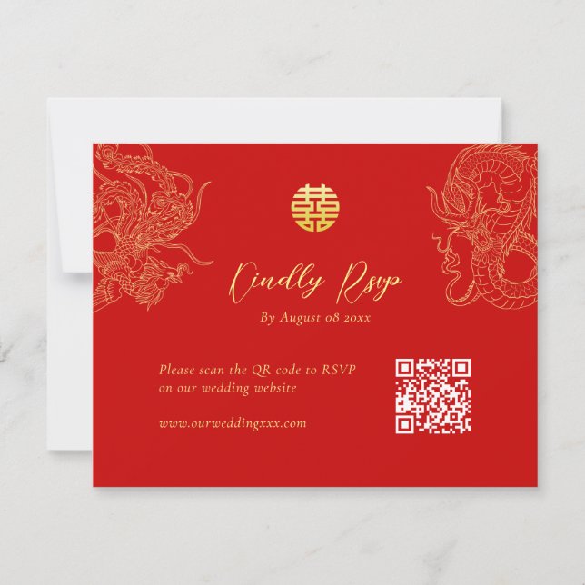 Red modern Chinese wedding dragon phoenix QR code RSVP Card (Front)