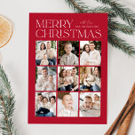 Red Modern Christmas 9 Photo Collage Holiday Card<br><div class="desc">Modern Christmas photo card featuring "Merry Christmas" displayed at the top of the design in trendy white lettering with a red background. A photo collage of 9 photos is shown below in a grid-style layout. Personalize the multi-photo Christmas card with your family name. The card reverses to display a red...</div>