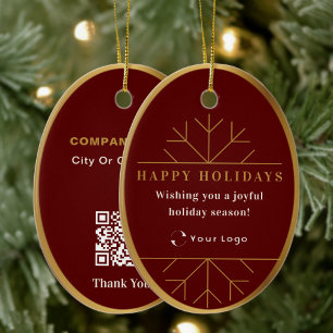 Red Modern Christmas Business Logo QR code Chic Ceramic Ornament