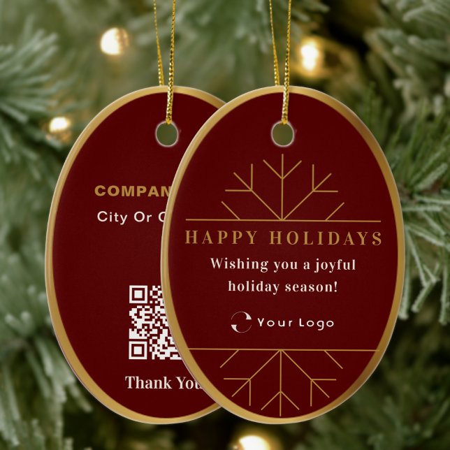 Red Modern Christmas Business Logo QR code Chic Ceramic Ornament (Creator Uploaded)