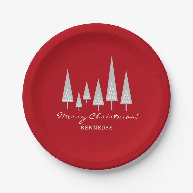 Red Modern Christmas Tree Family Christmas Party Paper Plates (Front)