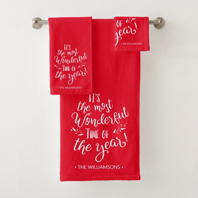Red Modern Christmas Typography Personalized Bath Towel Set (Insitu)
