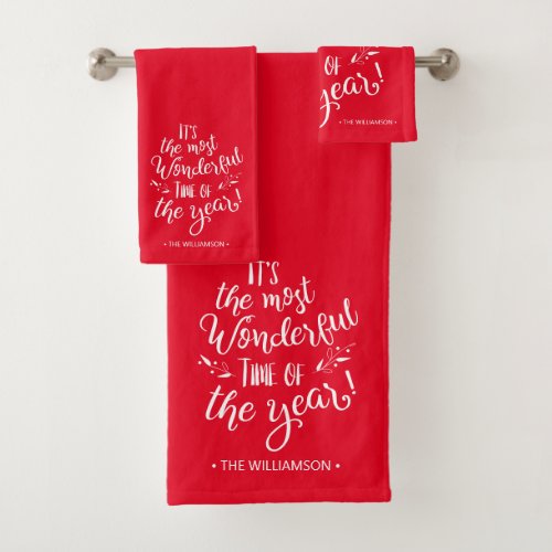 Red Modern Christmas Typography Personalized Bath Towel Set