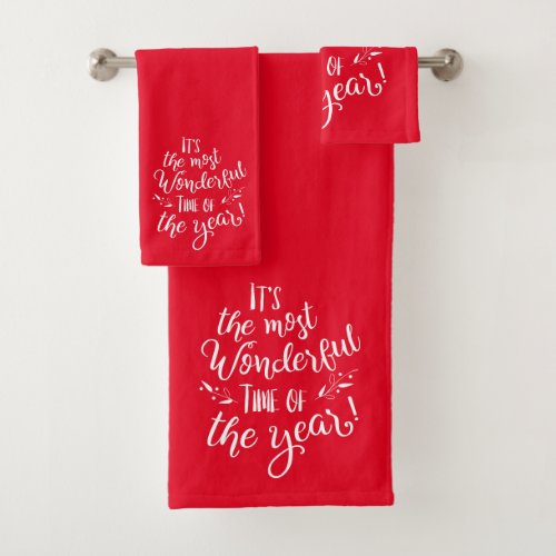 Red Modern Christmas Typography Wonderful TIme Bath Towel Set