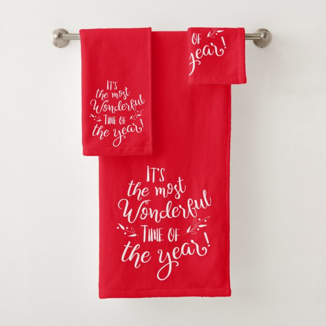 Red Modern Christmas Typography Wonderful TIme Bath Towel Set (Insitu)