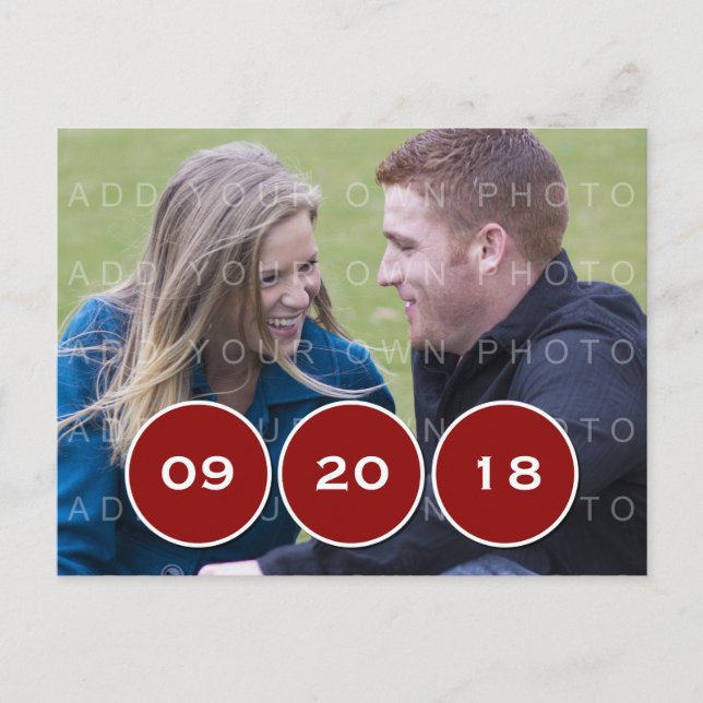 Red Modern Circles Photo Save the Date Postcard (Front)