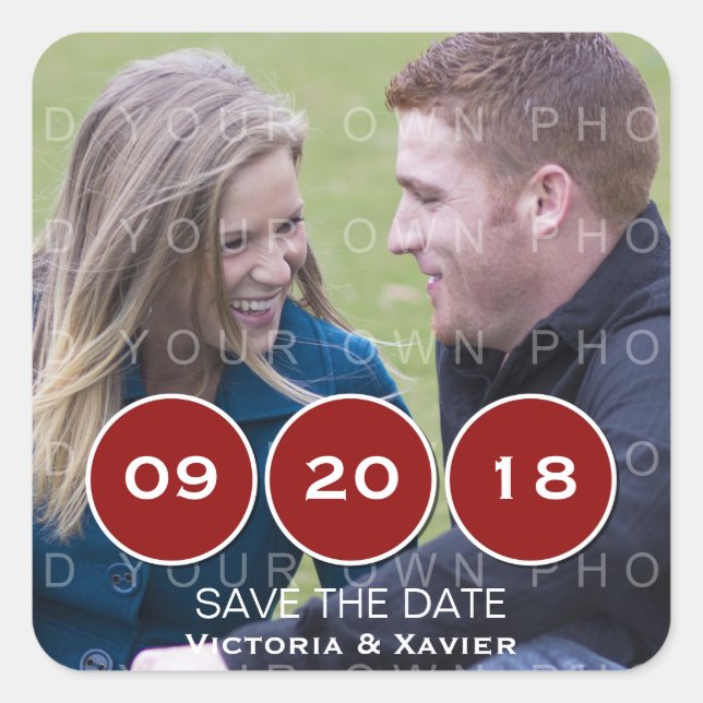 Red Modern Circles Photo Save the Date Stickers (Front)