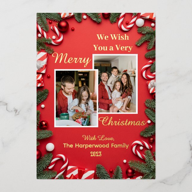 red Modern elegant family merry christmas Photo Foil Holiday Card (Front)