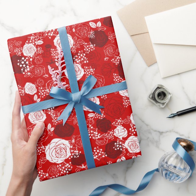 Red | Modern & Elegant Floral Pattern Wrapping Pap Wrapping Paper (Gifting)