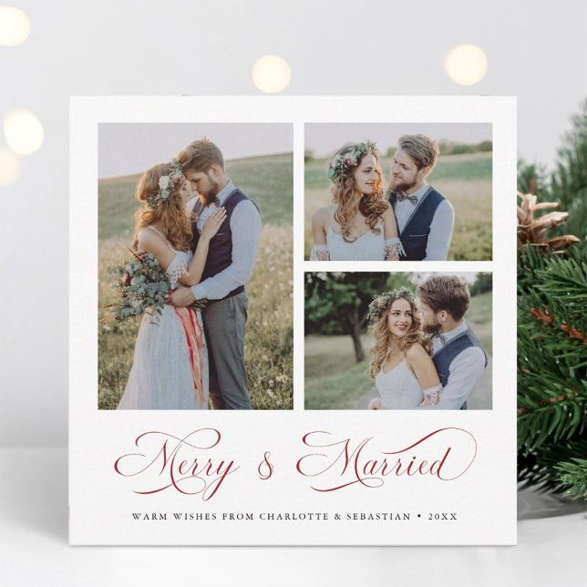 Red Modern Elegant Merry & Married Script 3 Photo  Holiday Card (Creator Uploaded)