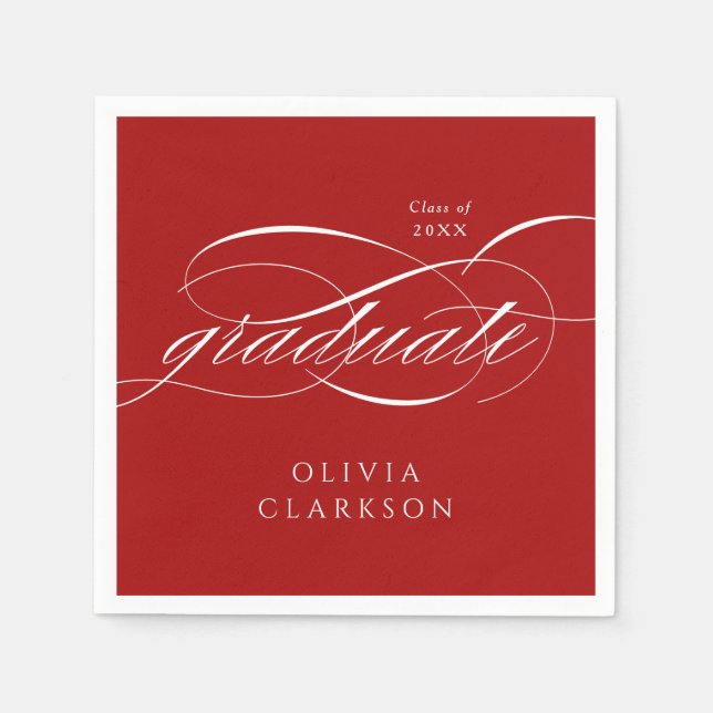 Red Modern Elegant Script Graduation Party Napkins (Front)
