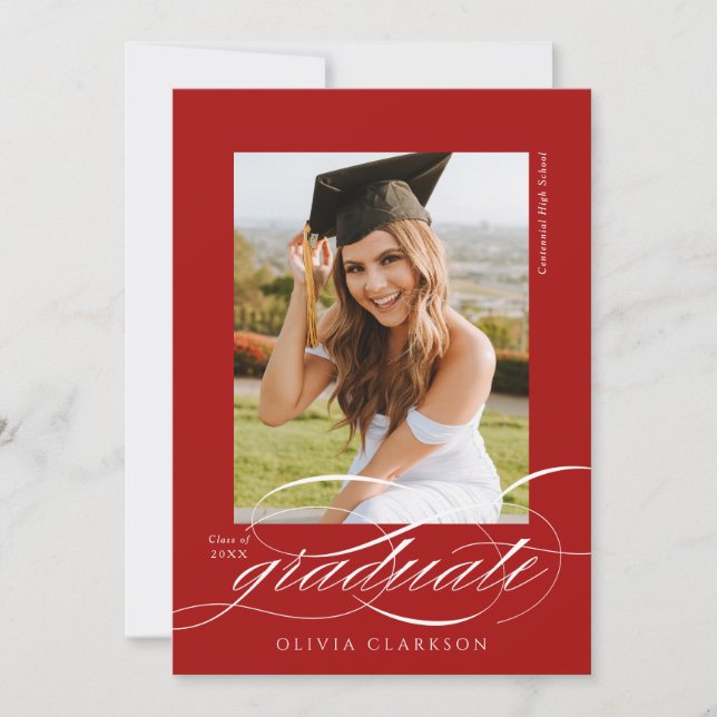 Red Modern Elegant Script Photo Graduation Party Invitation (Front)