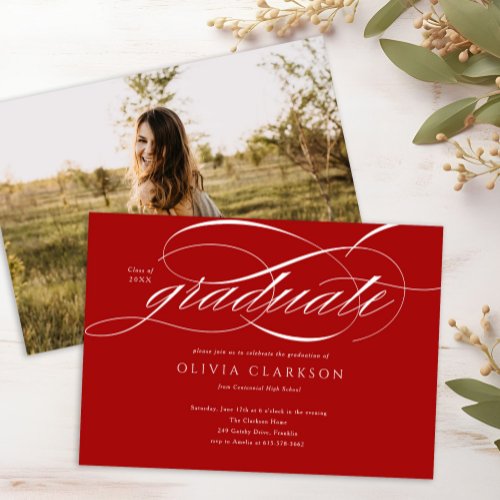 Red Modern Elegant Script Photo Graduation Party Invitation