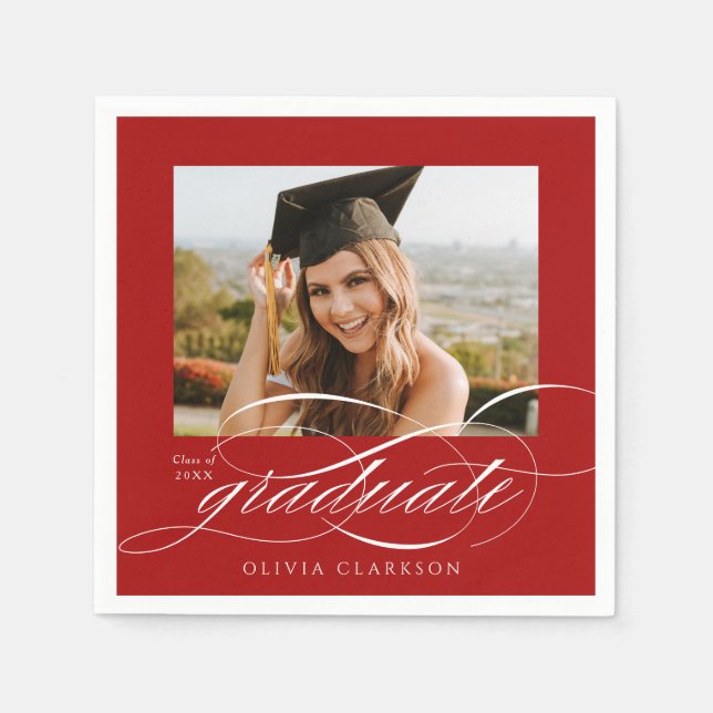 Red Modern Elegant Script Photo Graduation Party Napkins (Front)