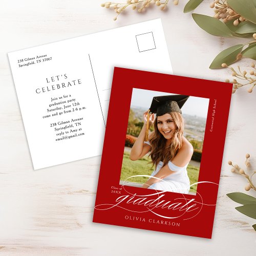 Red Modern Elegant Script Photo Graduation Party Postcard