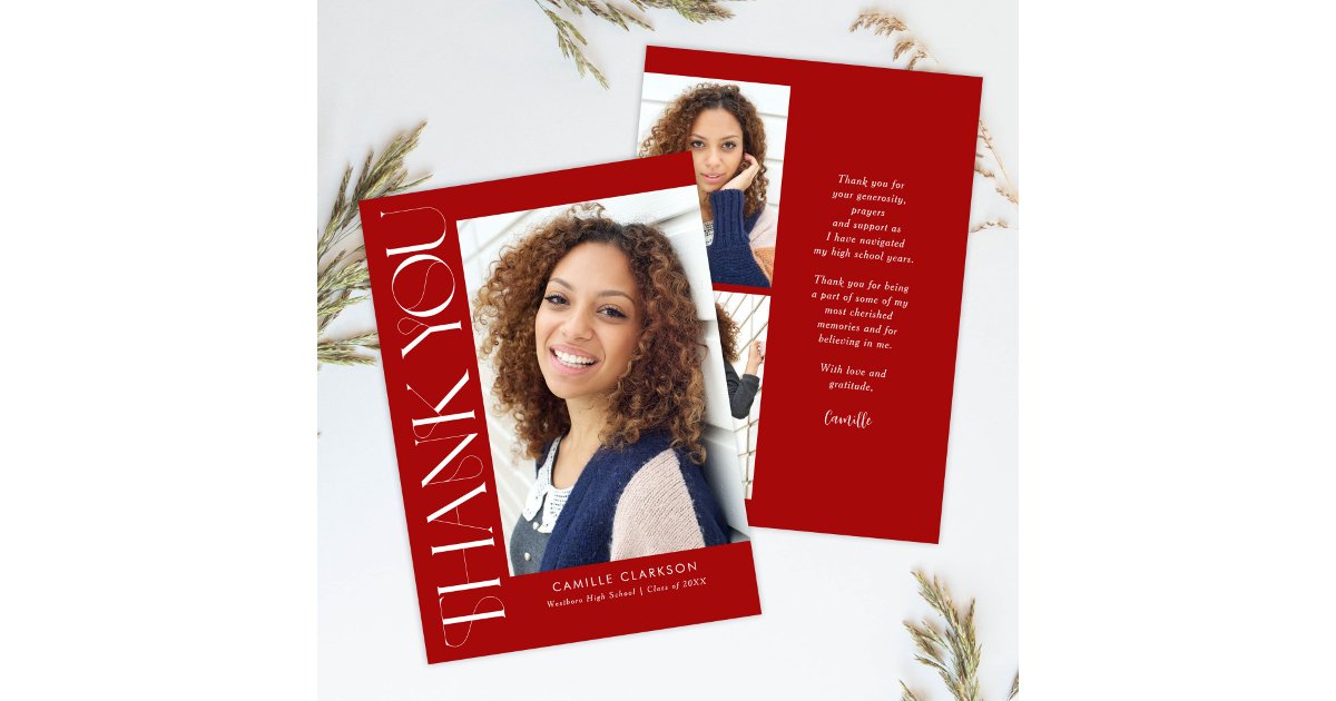 Red Modern Elegant Vertical Three Photo Graduation Thank You Card | Zazzle