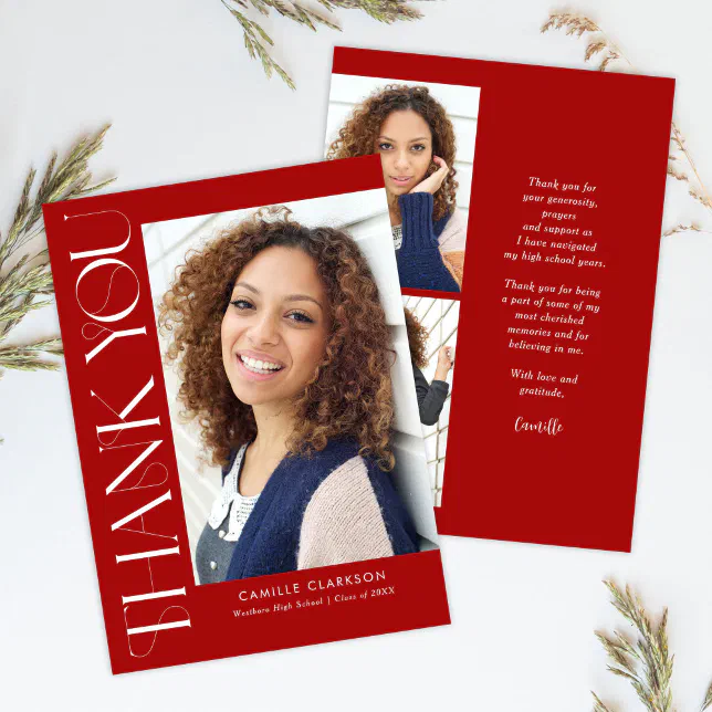 Red Modern Elegant Vertical Three Photo Graduation Thank You Card | Zazzle