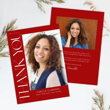 Red Modern Elegant Vertical Two Photo Graduation Thank You Card by JAmberDesign at Zazzle