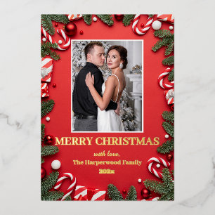 red modern elegant wreath christmas family photo foil holiday card