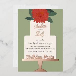 Red Modern  Floral Cake Birthday Party Gold  Foil Invitation