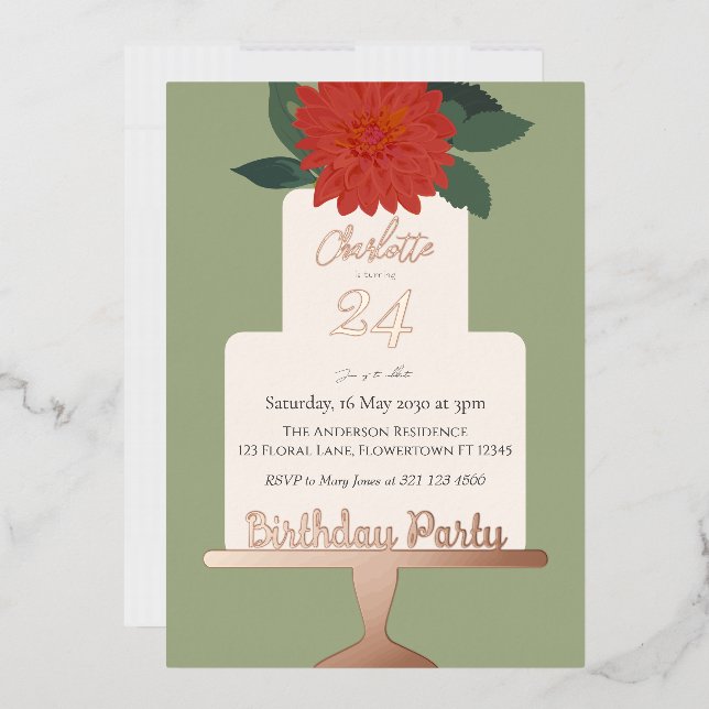 Red Modern  Floral Cake Birthday Party Gold  Foil Invitation (Envelope)
