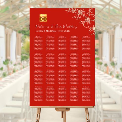 Red modern floral Chinese wedding seating chart Foam Board