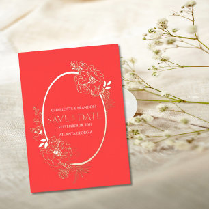 Red Modern Floral Sketch Oval Save the Date Foil Invitation