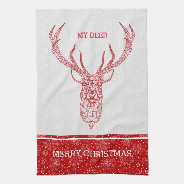 Red Modern Geometric Christmas Deer Kitchen Towel (Vertical)