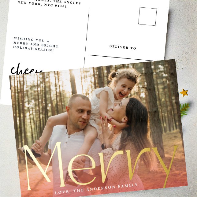 Red Modern Gold Merry Photo Christmas Foil Holiday Postcard (Creator Uploaded)