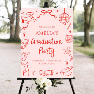 Red Modern Hand Drawn Graduation Party Welcome Foam Board