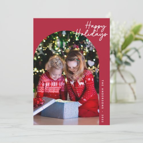 Red Modern Happy Holidays Arch Photo  Holiday Card
