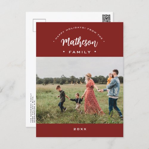 Red Modern Happy Holidays Custom Family Photo Year Holiday Postcard